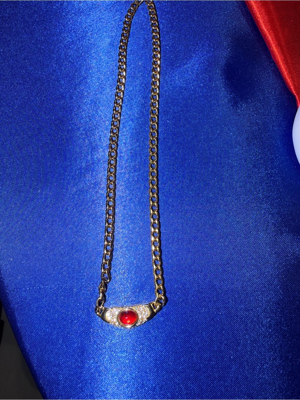 Gold Chain Necklace with Red Stone Pendant -